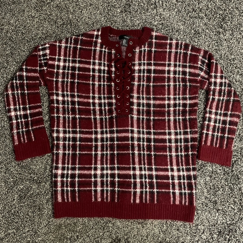 Forever 21 SZ M knit sweater red/black plaid with lace up front oversized tunic